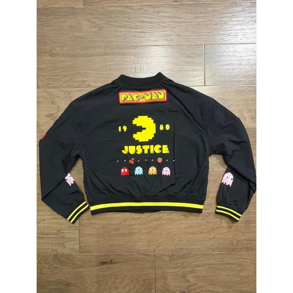 Justice Pac-Man Girls Bomber Jacket Black XL 16/18 Retro Gaming‎ Windbreaker Zip